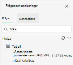 Fönstret Frågor och anslutningar med en enda fråga och resultaten.