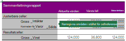 Sammanfattningsrapport med namngivna områden