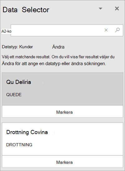 Skärmbild av panelen Dataväljare.