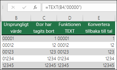Exempel på användning av TEXT för formatering av inledande nollor. =TEXT(A2,00000)