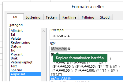 Exempel på användning av dialogrutan Formatera > anpassat tal > för celler > för att låta Excel skapa formatsträngar åt dig.