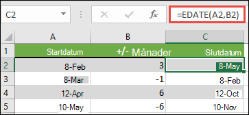 Använd EDATUM för att addera eller subtrahera månader från ett datum. I det här fallet =EDATUM(A2;B2) där A2 är ett datum och B2 har antalet månader som ska adderas eller subtraheras.