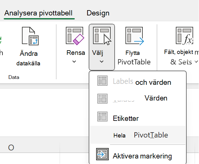 Knappen Markera hela pivottabellen i Windows.