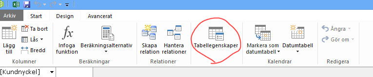Menyfliksområdet i PowerPivot-fönstret med kommandot Tabellegenskaper