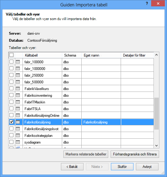 Tabellimportguiden i tilläggsprogrammet PowerPivot