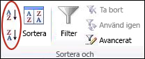 Knapparna Sortera i gruppen Sortera & filtrera på fliken Data i Excel