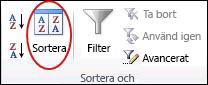Kommandot Sortera i gruppen Sortera & filtrera på fliken Data i Excel