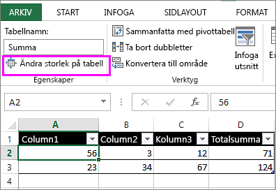 med hjälp av alternativet ändra storlek på tabell från Tabellverktyg