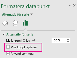 Åtgärdsfönstret Formatera datapunkt med rutan Visa kopplingslinjer avmarkerad i Office 2016