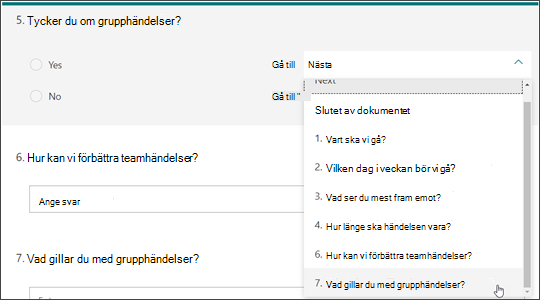Skapa förgreningar till andra frågor baserat på svaret på en annan fråga