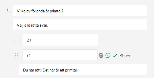 Anpassat meddelande om rätt svar i Microsoft Forms