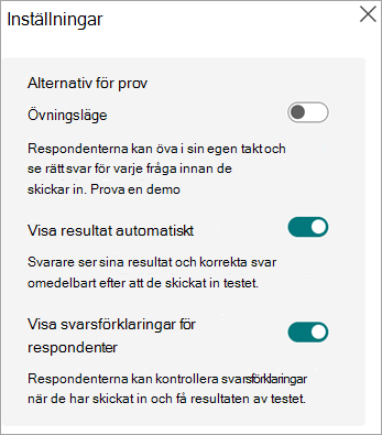Växlar för övningsläge, visa resultat automatiskt och visa svarsförklaringar för svarande endast för test.