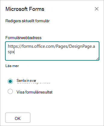 Formuläradressen fylls i automatiskt i fältet Formulärets webbadress.