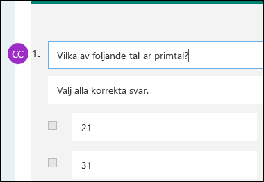 Deltagarinitialer visas bredvid testfråga