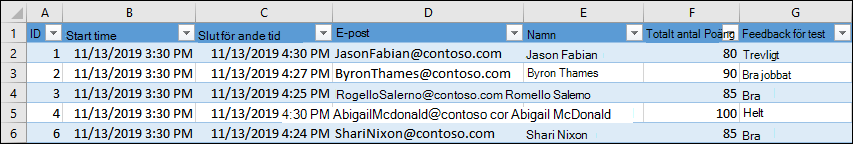 Excel-arbetsbok som visar testresultat