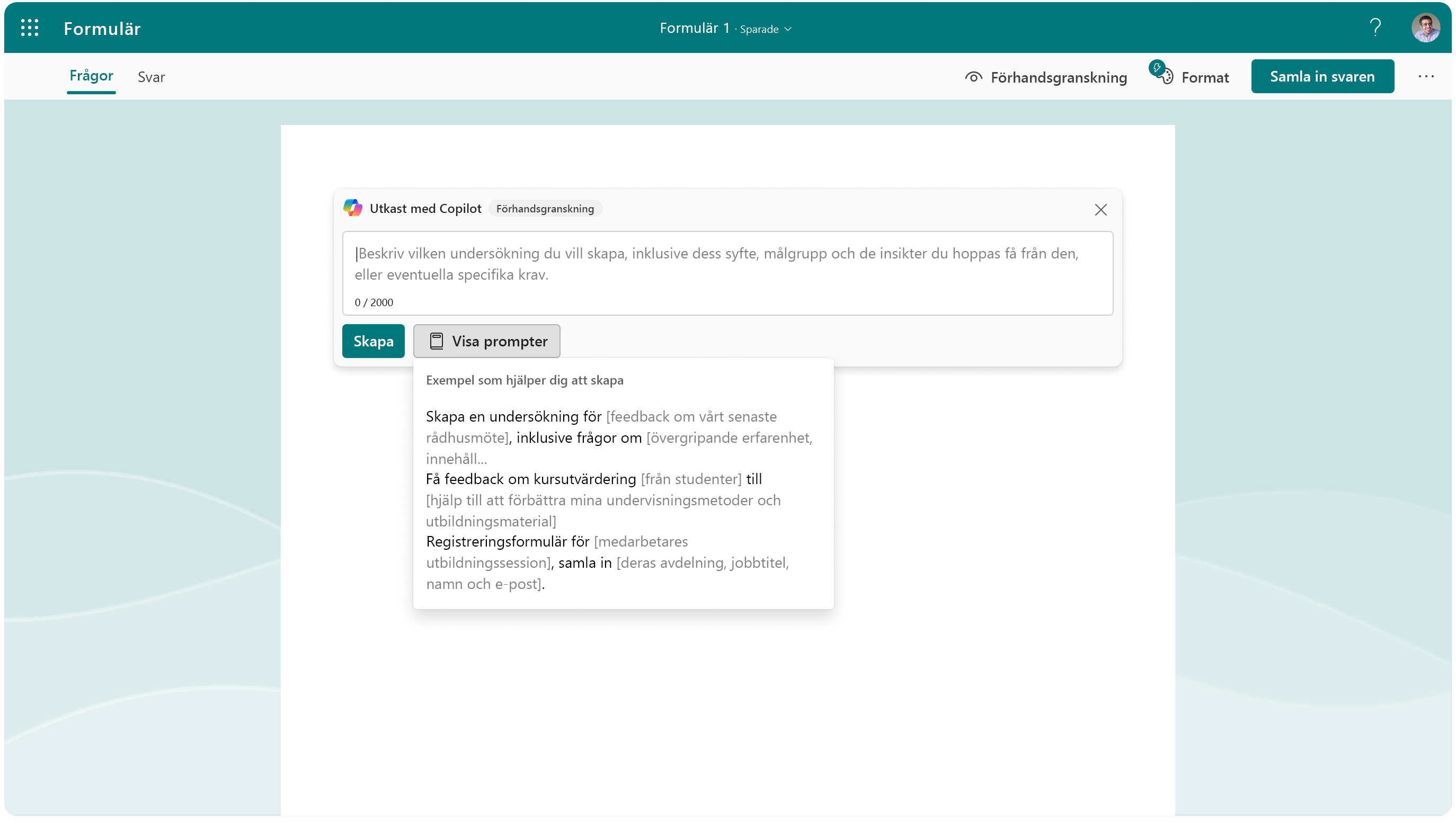 Skärmbild som visar ledtextalternativen för Copilot i Forms