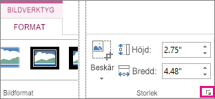 Dialogruteikon i gruppen Storlek på fliken Format för bildverktyg