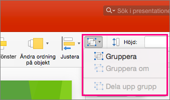 Visar ikonen Grupp i PowerPoint 2016 för Mac