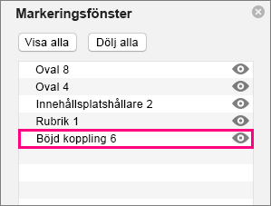Visar kopplingen längst ned i listan i markeringsfönstret