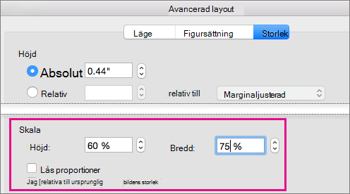 På fliken Storlek i rutan Avancerad layout är alternativet Skala markerat.