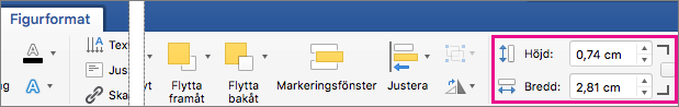 På fliken Figurformat är rutorna Höjd och Bredd markerade.