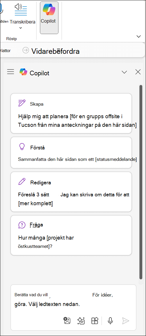 Copilot-fönstret i OneNote till höger på sidan.