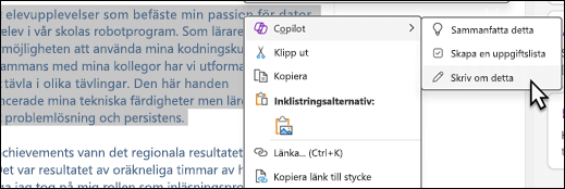 Viss text markerad i OneNote. Snabbmenyn visas med Copilot markerat och Skriv om detta markerat på undermenyn.