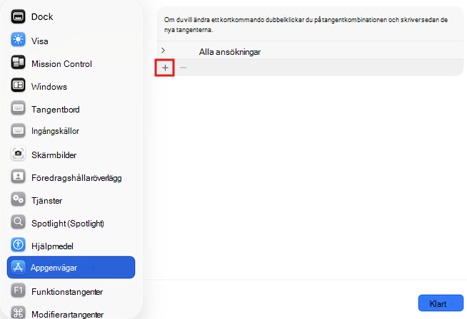 Skärmbild av kortkommandon i Mac.
