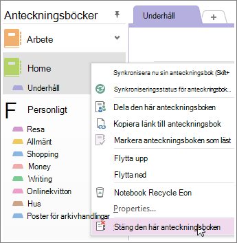 Du kan stänga en anteckningsbok om du inte behöver använda den längre.
