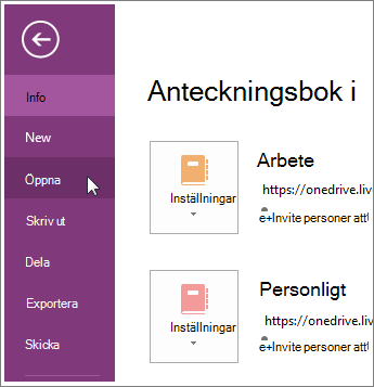 Öppna en anteckningsbok från Arkiv-menyn