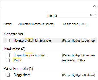 Leta efter anteckningar i OneNote med sökfunktionen.