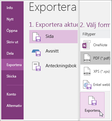 Skärmbild som visar hur du exporterar en sida med anteckningar i OneNote 2016.
