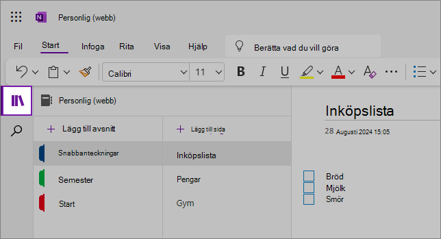 Vy av OneNote-webbgränssnittet som visar innehållsområdet