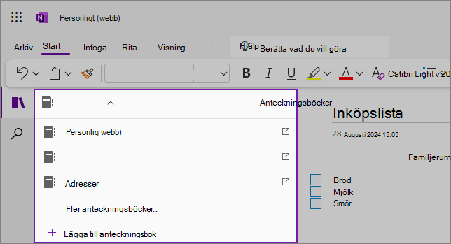 Skärmbild av listrutan i listrutan OneNote-anteckningsböcker