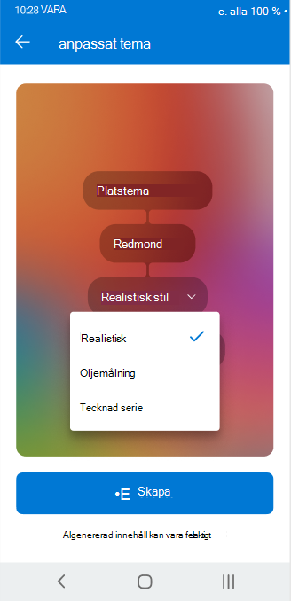 En skärm som visar listruteväljaren som används för att justera konfigurerbara attribut för ett anpassat tema i Outlook för Android