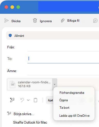 Alternativ för listrutan Bifoga filer i Outlook för Mac