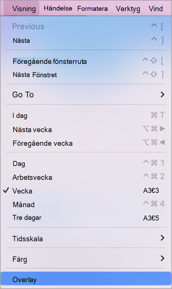 Visa nedrullningsbar meny med Överlägg markerat