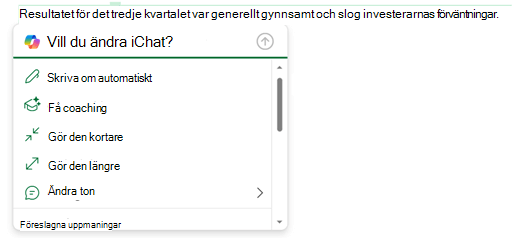 Viss text i ett e-postmeddelande har markerats och Copilot-menyn har utökats för att visa alternativ för vad du kan göra med texten.