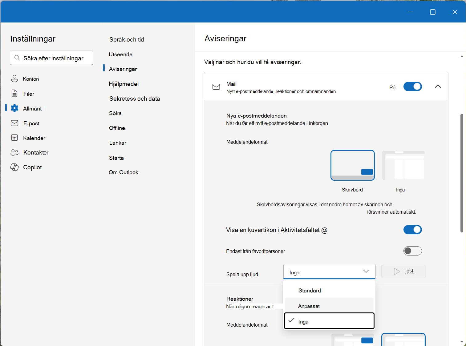 Välj meddelandeljud under Inställningar för e-post och Calendar meddelanden.