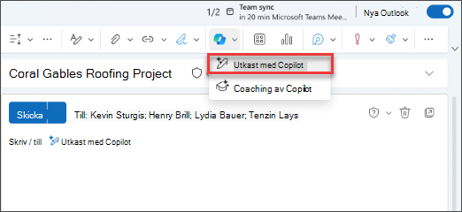 Listrutealternativet Utkast med Copilot i Nya Outlook