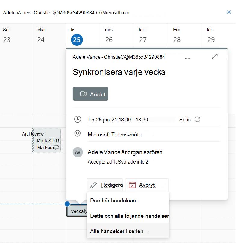 Skärmbild som visar redigeringshändelser i serier