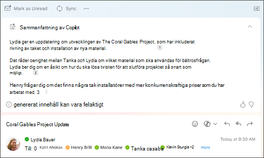 Sammanfattning av e-posttråd med källhänvisningar som skapats av Copilot