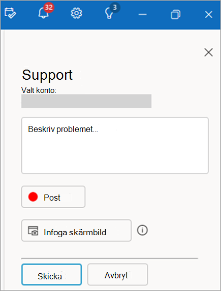 Skärmbild av kontaktsupportfönstret som visar ett område för att ge en beskrivning av problemet