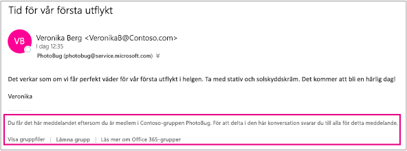 Alla e-postmeddelanden som gäst tar emot från medlemmar i gruppen har en sidfot med instruktioner och länkar