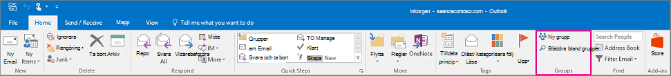 Gruppalternativen i det huvudsakliga menyfliksområdet i Outlook