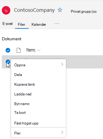 Visar alternativ för Ta bort och Byt namn på fil