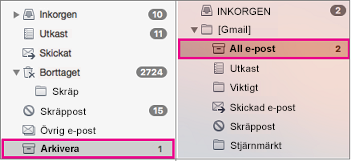 Mapplistor för Exchange och Gmail sida vid sida med markerade arkivmappar