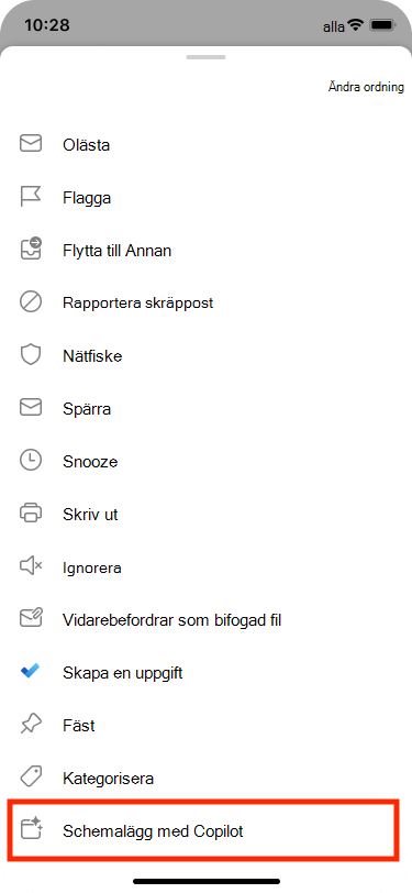 Schemalägg från Email kan väljas på menyn Fler åtgärder