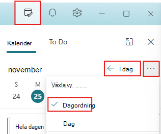 Ställ in fönstret Min dag på I dag och Agendavy
