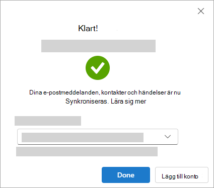 Skärmbild som visar framgångsfönstret när du lägger till ett Google-konto